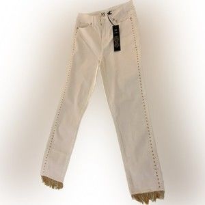 Diane Gilman stretch white denim jeans gold studs gold fringe hem size 6 tall